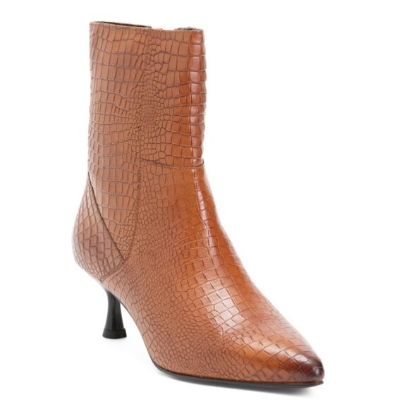 ALLONSI Tan Leather Kitten Heel Side Zip Croco Booties - Picture 1 of 2